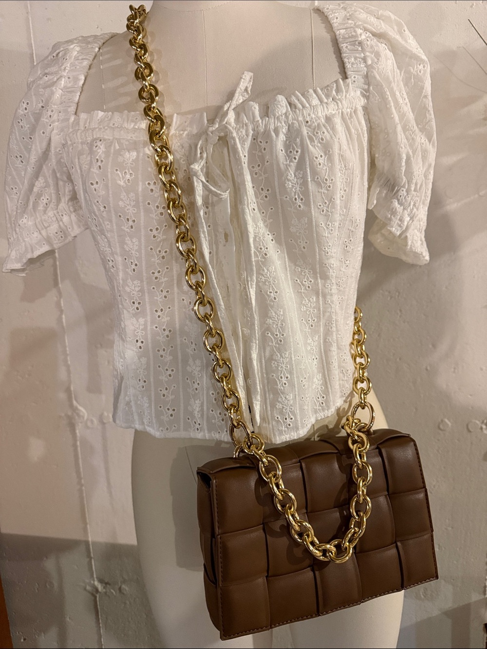 Mellie Bianco Woven Crossbody Bag in Brown with Gold Chain - NWT